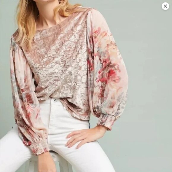 Anthropologie Velvet & Silky Puff Sleeve Blouse by Meadow Rue - Picture 1 of 9